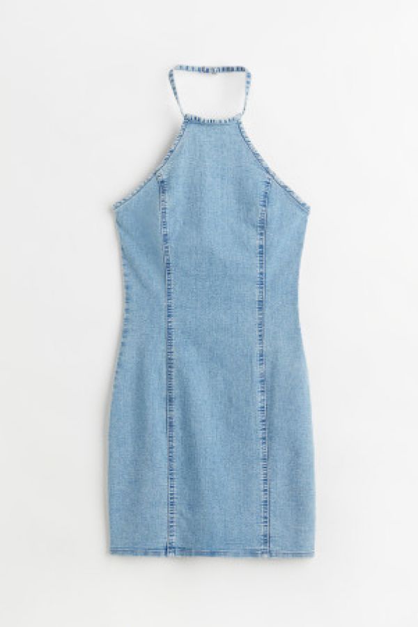  Rochie de denim cu bretea la gat